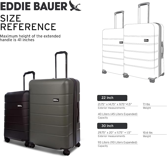 Eddie Bauer Glacier Carry-On 22" and Checked 30" Luggage | Hardside | Spinner Wheels | Expandable | Lightweight | Travel Essentials - Sprig Green