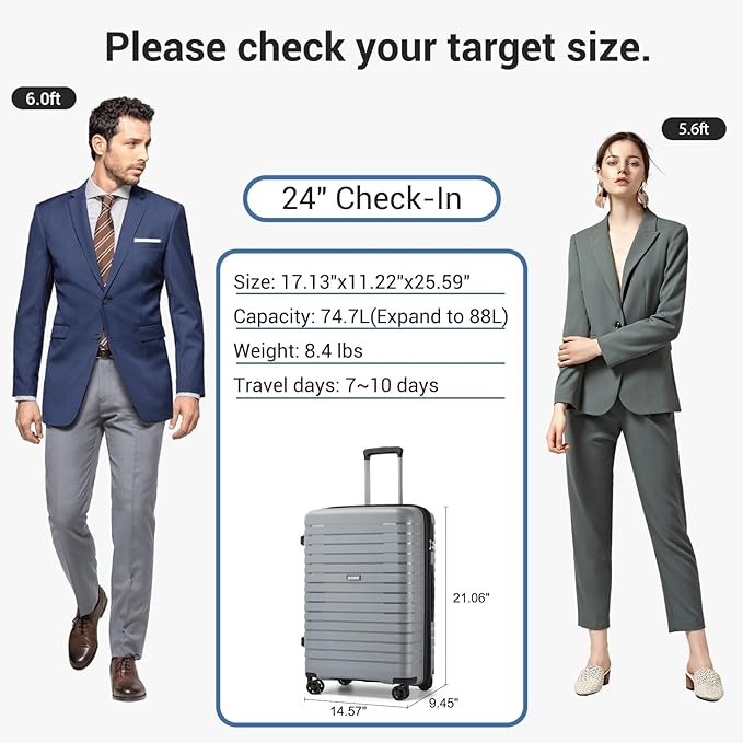 Kono 24 Inch Expandable Luggage Suitcase with Spinner Wheels, Durable Hardside Checked Luggage with Hidden Cup Holder, Lightweight Hard Shell Medium Suitcase with TSA Lock(Light Grey)