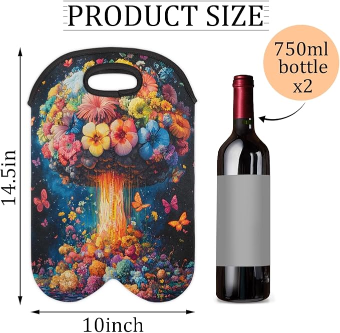 Neoprene Wine Tote, Bottle Carrier Gag Insulating Neoprene Thicker, Insulated Wine Bag for Travel Holds Two Bottles, Bottle Carrier Bags Protect the Bottles, Mushroom Flower