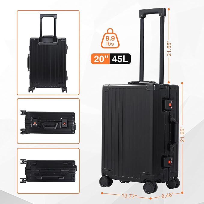 All Aluminum Carry On Luggage 22x14x9 Airline Approved，Hard Shell Carry On Luggage, Zipperless Luggage Aluminum Suitcase Luggage (black, 20inch)