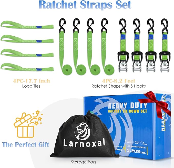 Ratchet Straps 4 Pack - 5,208 Lbs Break Strength 1.5 in x 8.2 Ft Heavy Duty Ratchet Tie Down Straps with S Hooks Set for Truck, Cargo Van, Trailer, Motorcycle (Green)