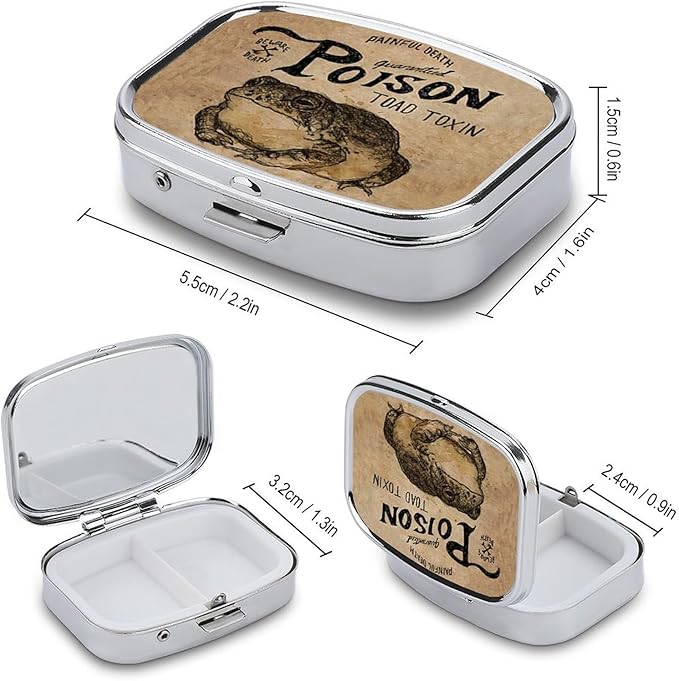 Metal 2 Compartment Pill Organizer Travel Friendly Portable Compact Pill Box Cute Pill Case to Hold Vitamins,Fish Oil,Supplements,Meds,Tablet for Purse,Pocket. (Poison Frog)