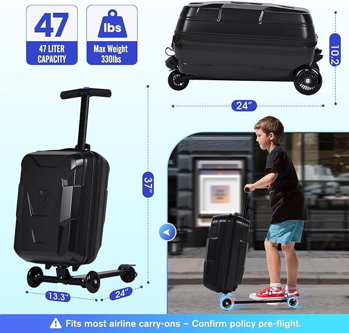 smilesun Scooter Suitcase for Kids & Adults, Foldable Carry On Travel Luggage, Hardside Ride on Scooter Suitcase with LED Light up Wheels，Black