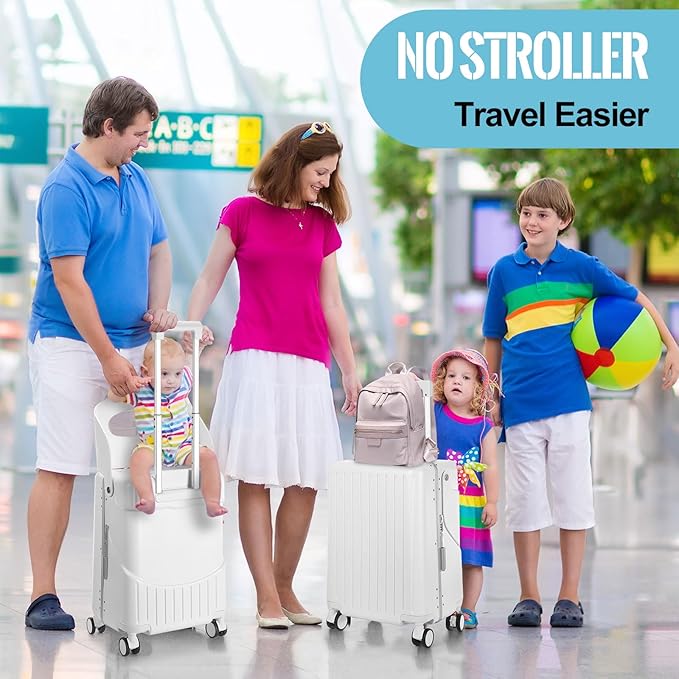 Carry on Luggage with Seat for Kids Expandable Ride on Suitcase with Spinner Wheels and Locks for Travel (20 Inch,White)