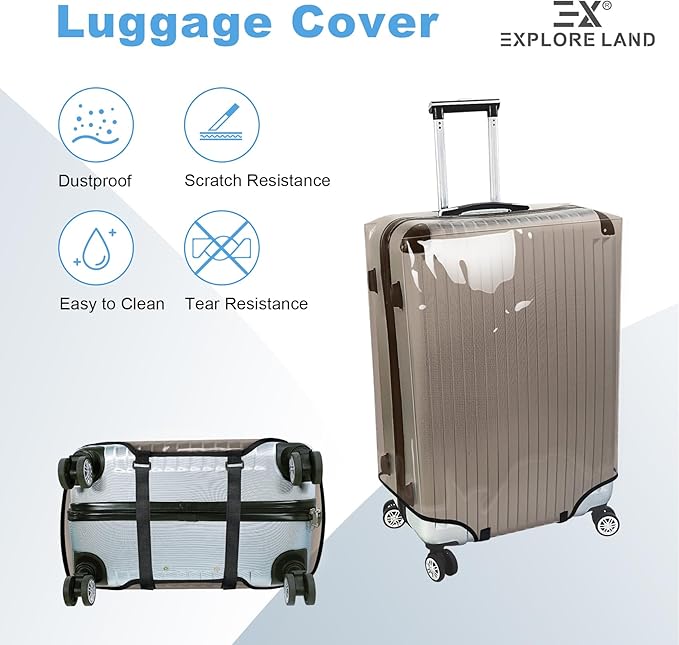 Explore Land Clear Luggage Cover Tough Protector Fits for 27-29 Inches Suitcase for Travel Airplane (PVC Gray, L)
