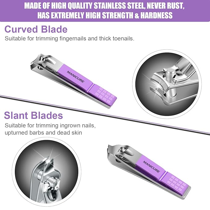 Manicure Set Professional Nail Clippers Pedicure Kit, 16 pcs Stainless Steel Nail Care Tools Grooming Kit with Luxurious Travel Leather Case for Thick Nails Men Women Gift (Violet)