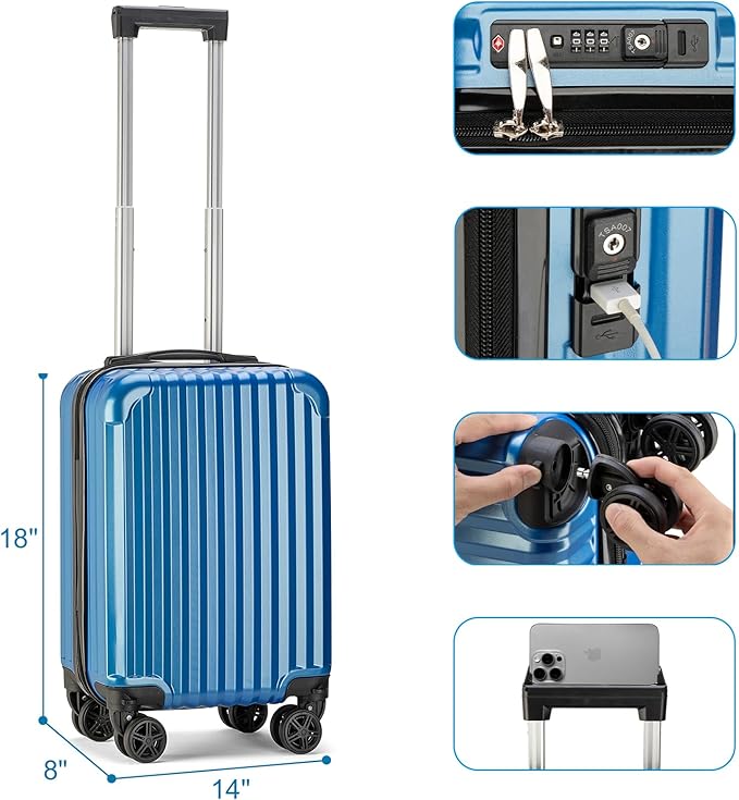 Personal Item Suitcase 18x14x8 Inches Hardside Built In TSA Lock & USB Port Lightweight Luggage Silent Double Spinner Wheels Maximum Underseat Carry-On Bag For Spirit and Frontier (Royal Blue)