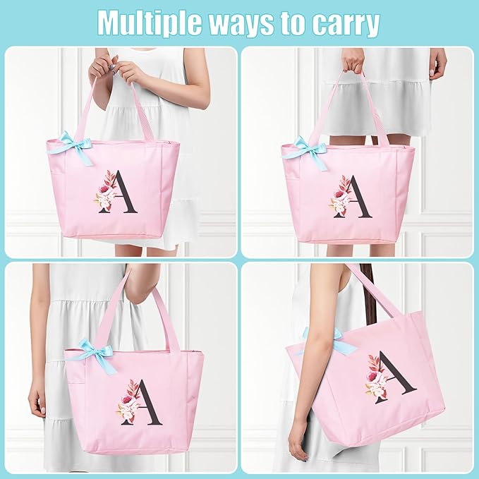 Vavabox Tote Bag, A-Z Initial Monogrammed Waterproof Tote Bag, Bridesmaid Gifts for Women, Black and Pink