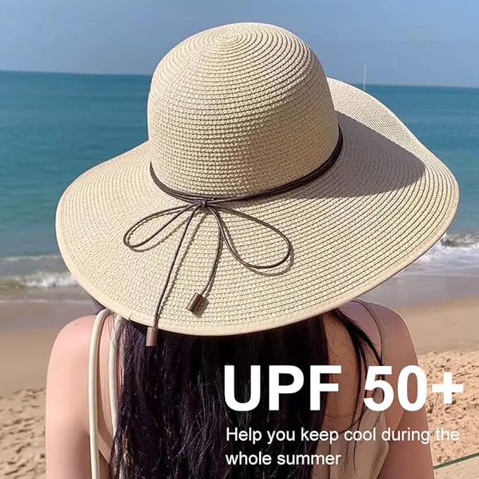 DRESHOW Beach Hats for Women Big Straw Wide Brim Summer Hat Floppy Foldable Roll up Cap Sun Hat UPF 50+