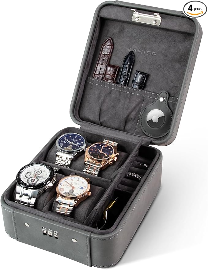 KAMIER Watch Case with Combination Lock - 4 Watch Storage and Jewelry Organizer - Watch Travel Case for Ring and Watch Storage, PU Leather Travel Watch Case, Ideal for Gift (With Gift Box), Grey