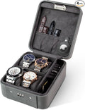 KAMIER Watch Case with Combination Lock - 4 Watch Storage and Jewelry Organizer - Watch Travel Case for Ring and Watch Storage, PU Leather Travel Watch Case, Ideal for Gift (With Gift Box), Grey
