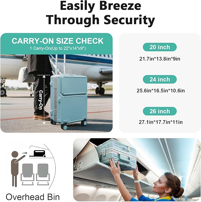 Hard Shell Luggage 28 Inch Travel Luggage, Carry-On Luggage Spinner TSA with Lid, ABS Aluminum Frame，Lightweight Travel Luggage 20'' 24'' 26''Carry-On (upgraded blue, 28 inch)