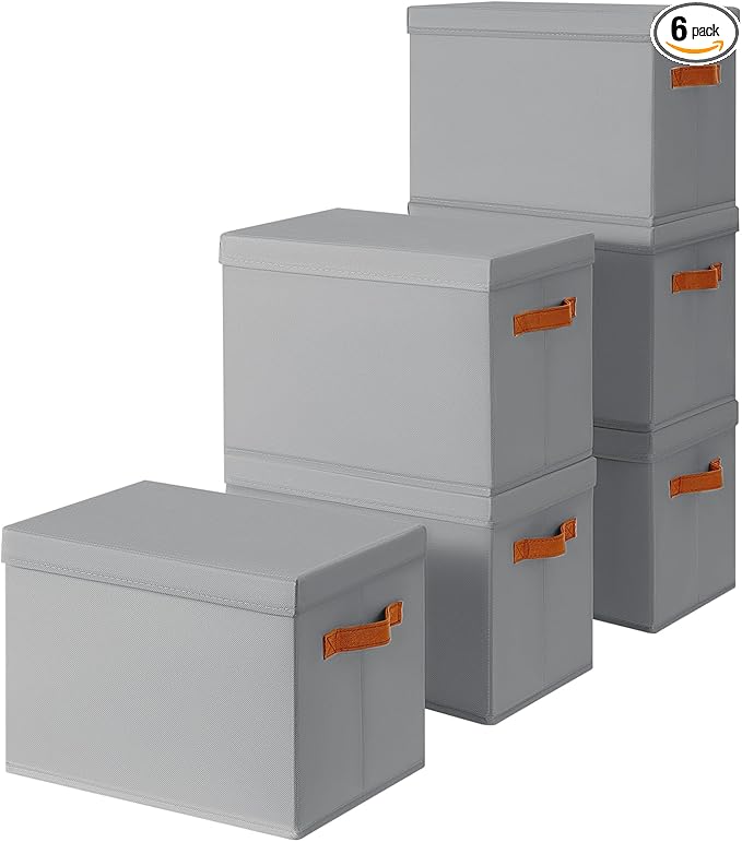 Storage Bins with Lids - Fabric Storage Baskets for Shelves, 6 Pack Foldable Decorative Boxes with Handles, Stackable Organizer Bins for Home, Nursery, Dorm, Grey