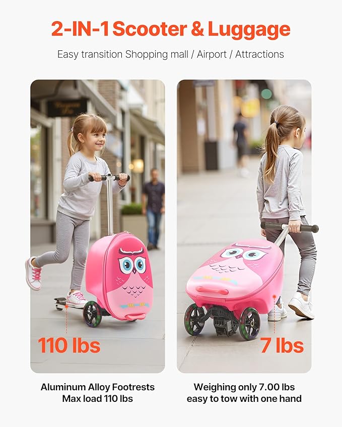 VEVOR Ride-on Luggage, 20 L Capacity, 20 Inches Kids Scooter Suitcase with Flash PU Wheels, Adjustable Handle & TPR Non-Slip Grip, Foldable & Lightweight Scooter Luggage for Kids Aged 5+, Pink