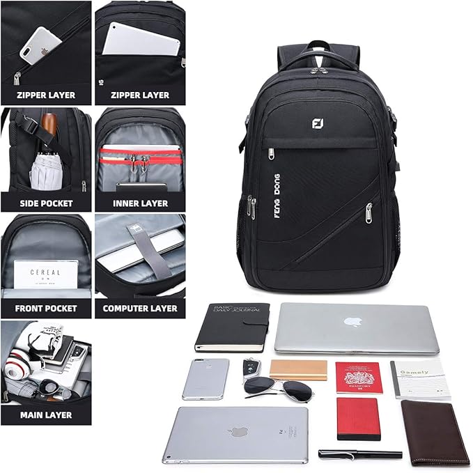 FENGDONG Durable Waterproof Travel Laptop Backpack 17.3 inch,Large College Backpack Bookbag for Men & Women Business Backpack with USB Charging Port and Headset Port Black