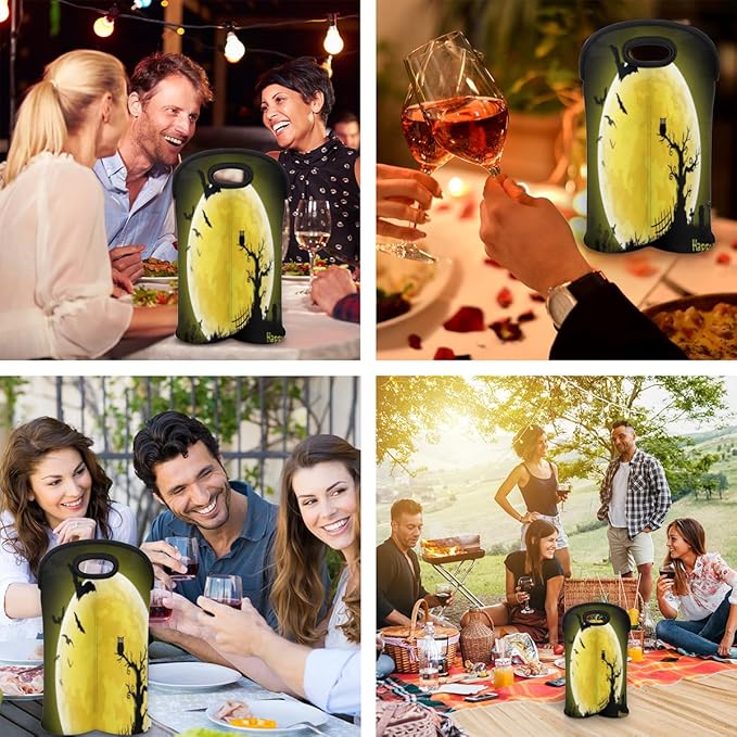 Vintage Sea Turtle 2 Bottle Wine Carrier Tote Bag Insulated Wine Bottles Neoprene Bag with Secure Carry Handle Portable Wine Cooler Bag for Travel Picnic Beach (Halloween Moon Owl)