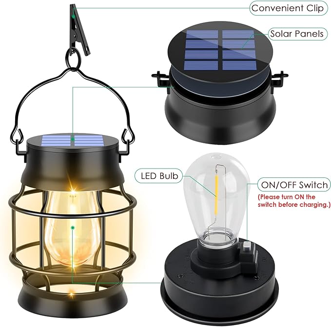 UBright 2 Pack Solar Lantern Lights Outdoor Waterproof Metal Hanging Solar Lights for Outside Retro Design with Edison Bulb Outdoor Lanterns Decorative for Patio Porch Garden Lawn