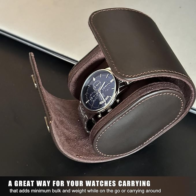 Longjet Watch Roll Travel Case for Men Portable Watches Organizer Box with Removable Velvet Pillow Holder (1 Slot Chocolate Brown/Genuine Leather)