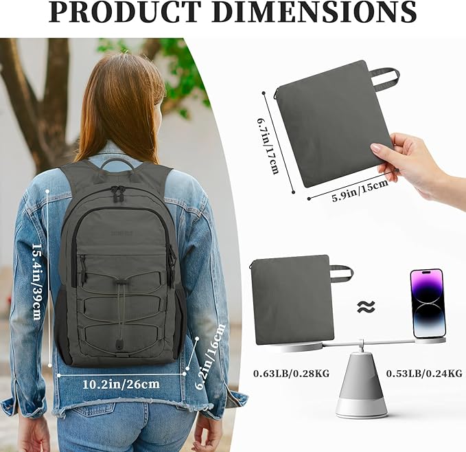 ZOMFELT Hiking Backpack for Women Men, 15L Lightweight Packable Backpacks for Trip, Water Resistant Small Travel Backpack, Foldable daypack for Hiking, Walking, Cycling, Camping, Grey & Black