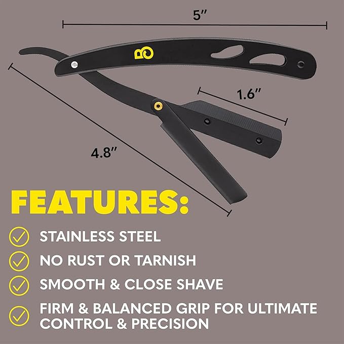 The Beard Club Straight Razor for Men - Navajas Para Barbero - Barber Straight Edge Razor Kit - Premium Single Derby Blade Cutthroat With 10 Replaceable Stainless Steel Blades & Leather Case