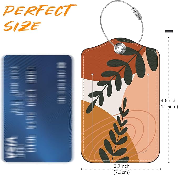 Boho Abstract Leaves Luggage Tag for Suitcase 2 Pack Leather Luggage Tag with Privacy Flap Name ID Label and Metal Loop for Women Men Travel
