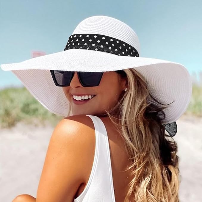 DRESHOW Beach Hats for Women Big Straw Wide Brim Summer Hat Floppy Foldable Roll up Cap Sun Hat UPF 50+