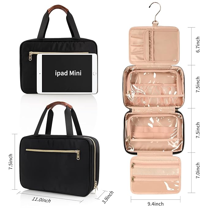 CUBETASTIC Hanging Travel Toiletry Bag, Portable Travel Makeup Bag with Handle, Waterproof Nylon Cosmetic Organizer Pouch with 360° Hanging Hook (B#-Black, Medium(Pack of 1))