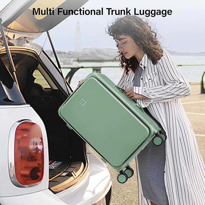 Hanke 20 Inch Carry On Luggage with Cup Holder and Charge,Top Opening Hard Shell Suitcases with Wheels and Dividers,Aluminum Frame Trunk Luggage Small Suitcase with Lock for Travel,Forest Green