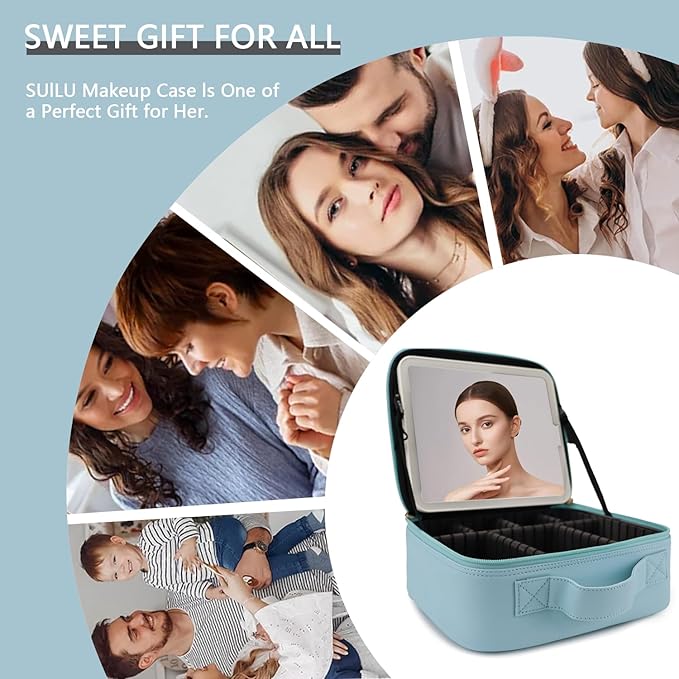 Makeup Bag with Led Mirror,Travel Makeup Organizer with 3 Color Setting & 10X Magnifying Mirror, Portable Storage and Adjustable Dividers Travel Makeup Bag-baby blue