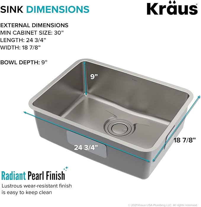 KRAUS Dex 25-Inch Undermount Single Bowl TRU16 Gauge Stainless Steel Kitchen Sink with DrainAssure WaterWay and VersiDrain Assembly in Radiant Pearl Finish, KD1US25B