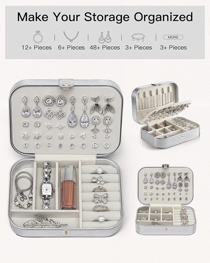 Vlando Travel Jewelry Case for Women Girls Mothers, PU Leather Portable Small Jewelry Box for Rings, Necklaces, Bracelets, Earring Holder Organizer Storage for Travel, Bridesmaid Gifts - Silver