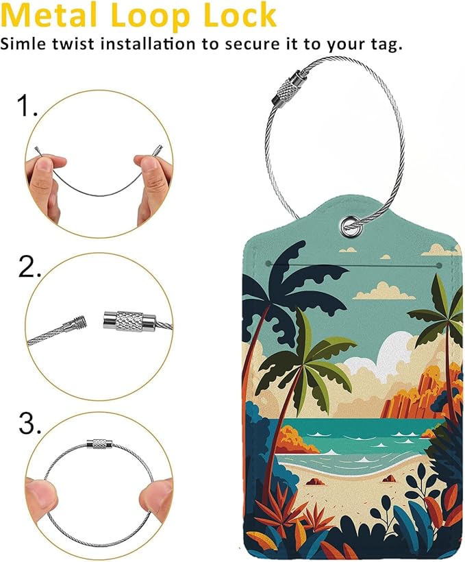 Cartoon Summer Beach 2 Pcs Luggage Tags,Privacy Cover ID Label with Stainless Steel Loop and Address Card for Travel Bag Suitcase
