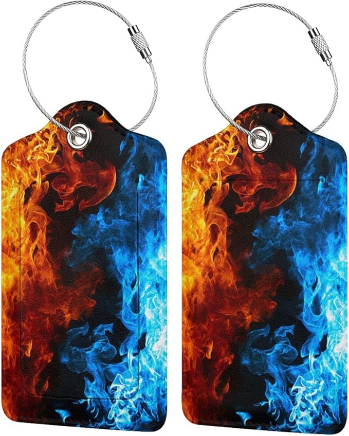 2-Pack Cool Ice and Fire Luggage Tags for Suitcases, Red and Blue Leather Baggage Tag with Loop, Cool Luggage Identifiers Name ID Card Cover Travel Bag Labels Set