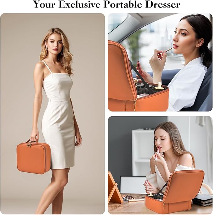 Travel Makeup Bag With LED Mirror,Makeup Travel Train Case with 3 Color Setting,Cosmetic Makeup Organizer Bag with Adjustable Dividers,Portable Make up Bag with Makeup Brush Holder Storage（Caramel）