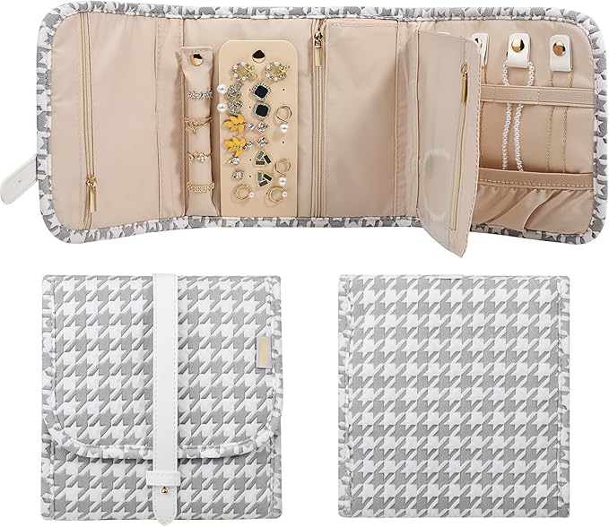 Voova Travel Jewelry Holder Organizer Case, Small Jewelry Storage Bag for Women Girls, Foldable Traveling Jewellery Pouch Roll for Necklaces Rings Earrings Bracelets, Mini, Grey+White