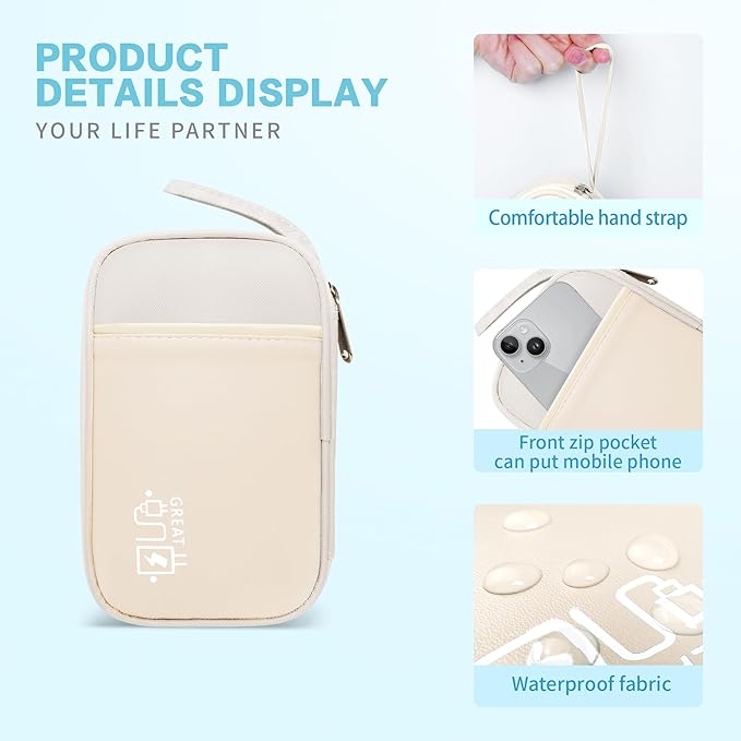 Electronics Travel Organizer,Portable Waterproof Electronic Travel Storage Bag for Small Charging Cord Storage,Charger,Small Electronics,SD Card,with 5 Cable Ties,for Travel,Business-Beige