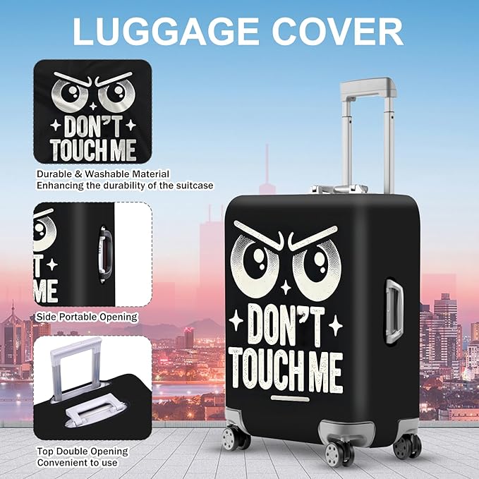 ANNA QUEEN Funny “Don’t Touch Me” Luggage Cover, Bold Black Suitcase Protector with Angry Eyes Design, Stretchable, Washable Travel Cover for 28-30 Inch Luggage
