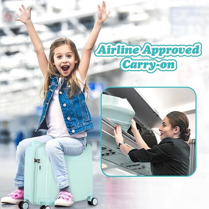 smilesun 20" Ride-On Travel Suitcase for Kids, Cute Ear Toddler Carry on Luggage with Spinner Wheels, Children Rolling Trolly Luggage with Combination Lock (Green NO Rope)