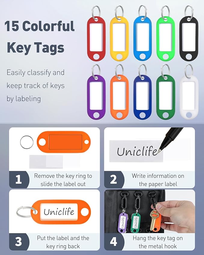 Uniclife Portable Zippered Key Case Waterproof and Fireproof Key Organizer with 12 Colorful Key Tags and Hooks Key Storage Book for Offices Real Estate Agencies Hotels and Rental Management