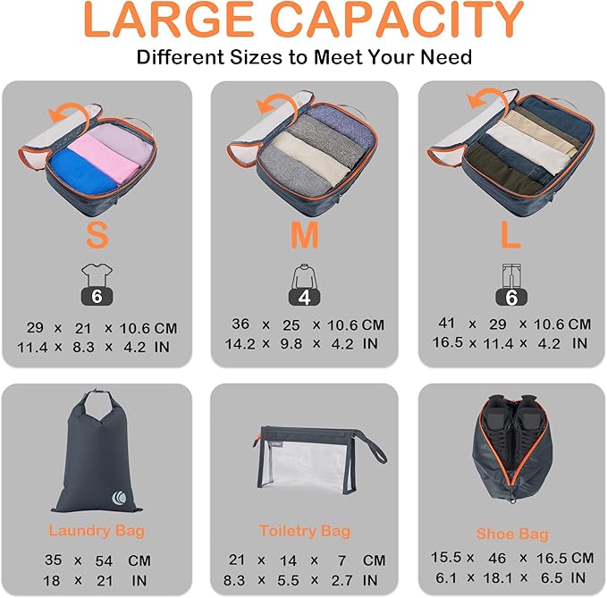 Cipway Compression Packing Cubes Mesh, Lightweight Luggage Organizer Bags with Laundry Bag, Toiletries Bag and Shoe Bag, Travel Essentials for Carry on Suitcase（8 Pcs,Grey）