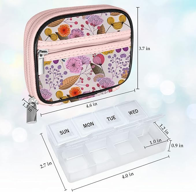 Serfeymi Weekly Travel Pill Organizer Pill Case for Purse with Removable 7 Day Pill Box, Fashionable Travel Medicine Organizer Pill Container for Medicine, Vitamin, Supplement - Bloom 03