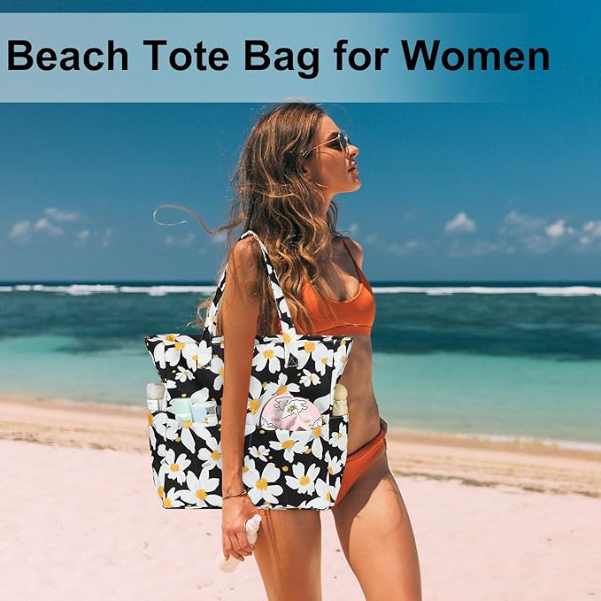 LEDAOU Beach Bag Waterproof Sandproof Women Tote Bag Pool Bag with Zipper for Gym Grocery Travel with Wet Pocket