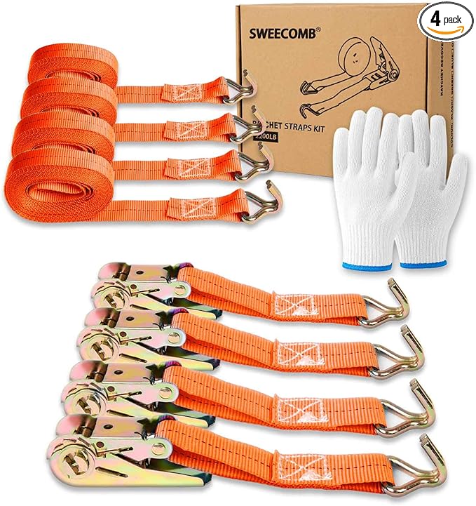 Ratchet Straps (4-Pack), 1 Inch x 16.4 Feet (2200lb Break Strength) with Sturdy Metal Hooks, 1x Work Gloves, Heavy Duty Tie Down Straps for Truck, Cargo Trailer, Motorcycle, Luggage, Moving (Orange)