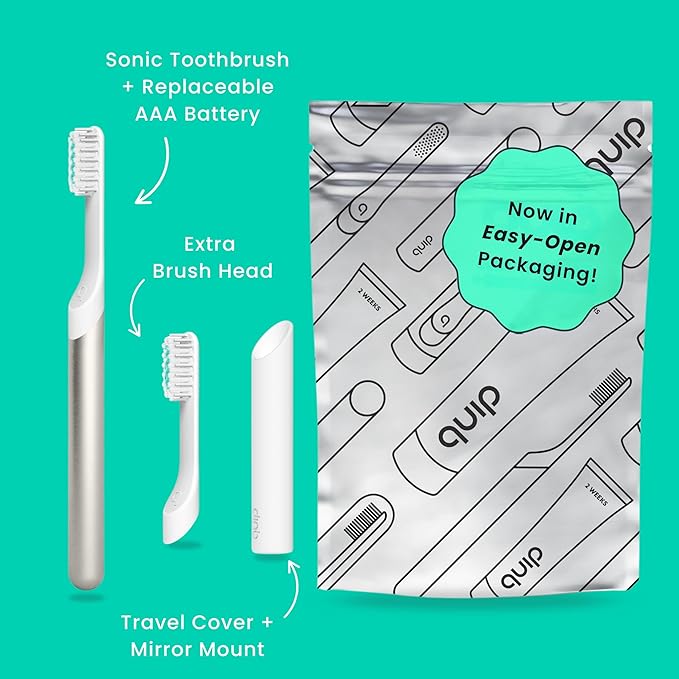 Quip Metal Sonic Toothbrush, Electric Toothbrush for Adults –Time Travel & Soft Bristles with Travel Case & Replaceable Brush Head -3-Month Battery Life - Moonrise Champagne