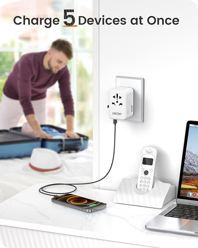 LENCENT Universal Travel Adapter, 65W GaN International Fast Charger with 2 PD3.0 Type C+2 QC USB A, Worldwide Power Adaptor for Phones,Laptops, All in One Travel Essentials for EU/USA/UK/AU, White