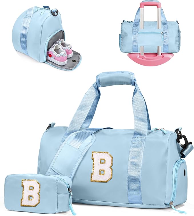 Birthday Gifts for 3 4 5 6 7 8 9 10 11 12 Year Old Girls-Girl Gym Bag with Shoe Compartment, Kid Personalized Weekender Ballet Bags, Initial Travel Tote with Makeup Pouch (Letter B)