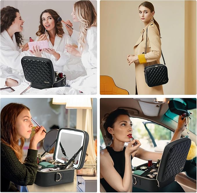 Mocado Travel Makeup Bag with LED Lighted Mirror,Travel Makeup Organizer, Makeup Case with 8 Makeup Brushes and 10x Magnifying Mirror, 3 Color Lighting, Adjustable Divider Makeup Box(Black Lozenge)