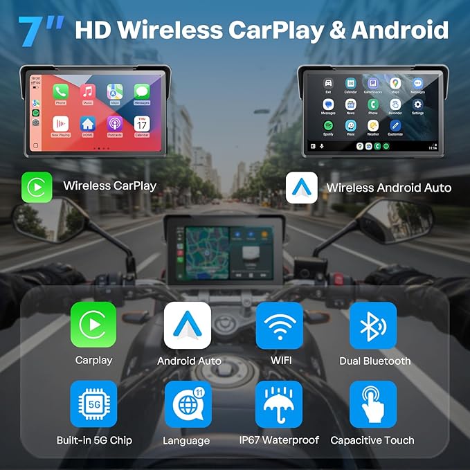 WonVon 7 Inch Wireless Motorcycle Carplay GPS Navigation System with Apple Carplay and Android Auto Portable Screen with Dual Bluetooth, Navigation, Siri, Google Assistant