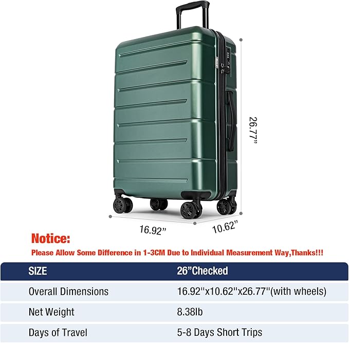 KYME 26 Inch Luggage TSA Approved Hardshell 26" Suitcases with Spinner Wheels Durable Medium Travel Checked Luggage with Cup Holder for Women Men Green
