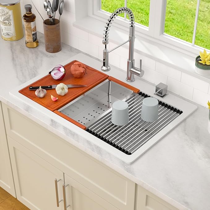 Dcolora White Granite Composite Kitchen Sink Drop In, 33x22 Large Single Bowl White Kitchen Sink Multifunctional Topmount Workstation Sinks #DC-0002GWT, 33" x 22" x 10"